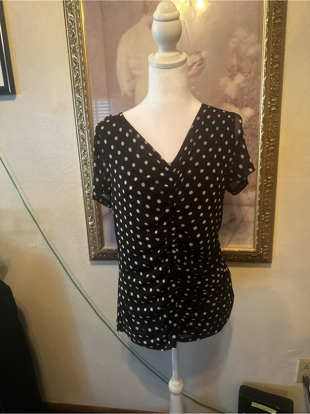Nine West Black V-Neck Polka Dot Ruched Short Sleeve Top
